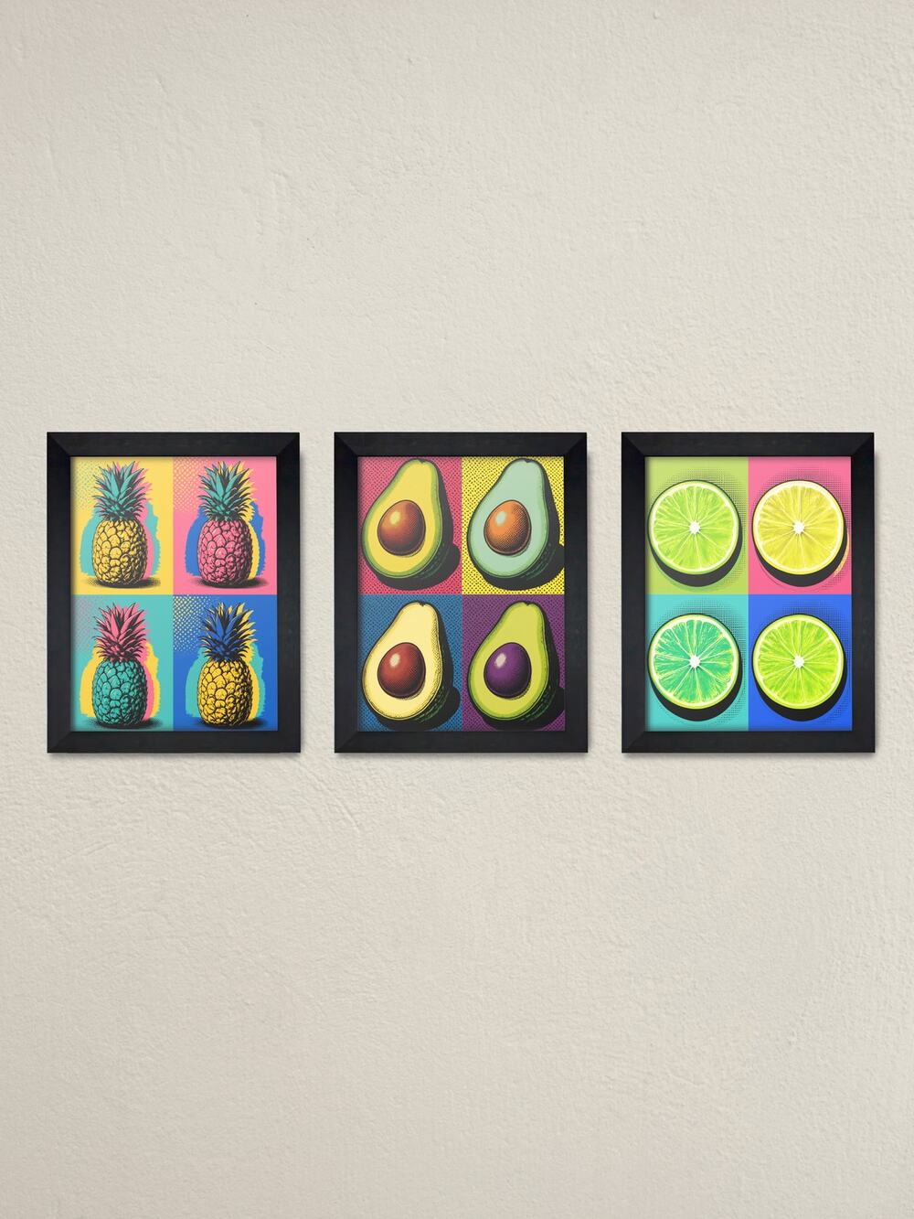 Set of 3 Framed Andy Warhol-Inspired Pop Art Prints – Pineapple, Lime, Avocado